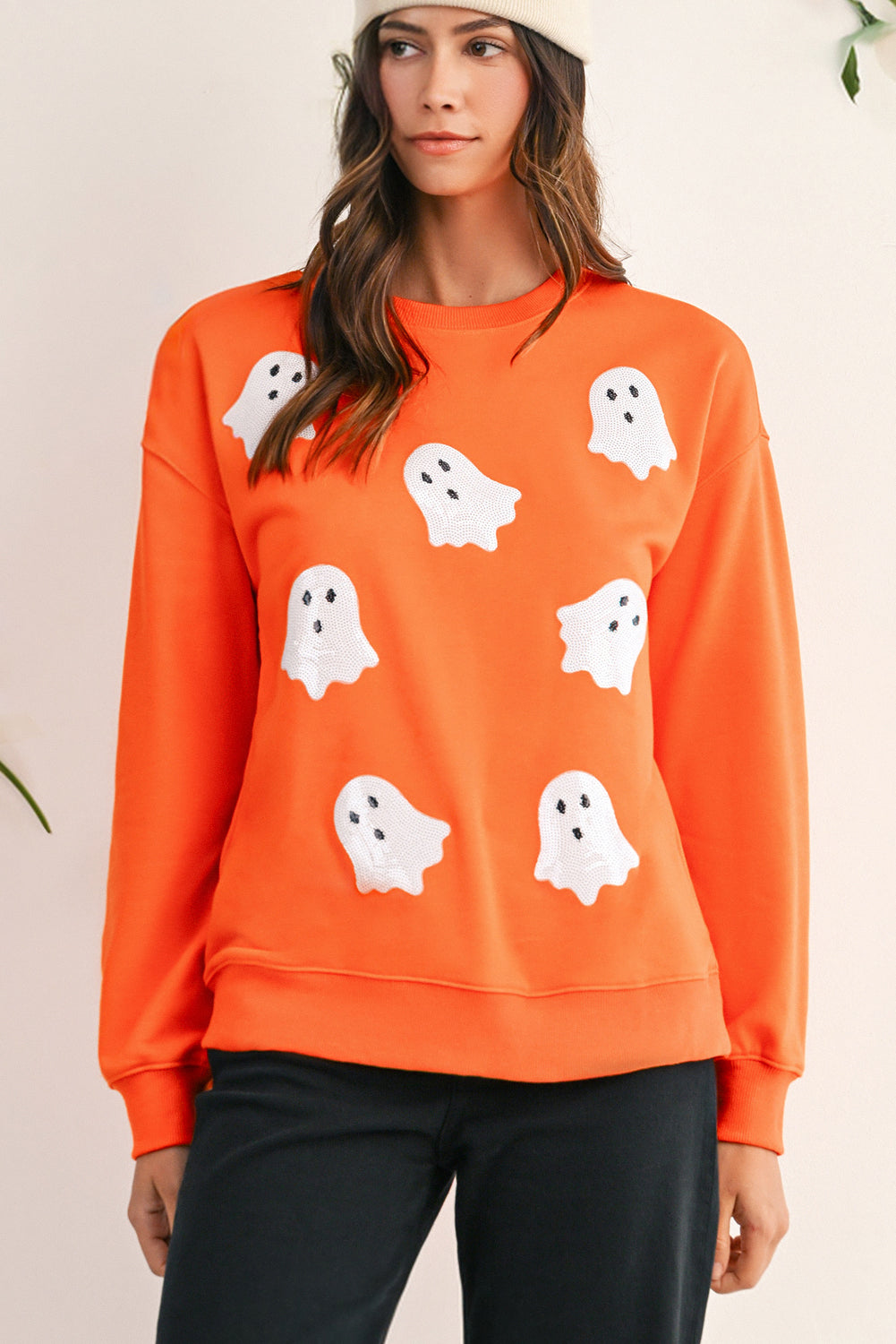 Black Halloween Ghost Sequins Patch Drop Shoulder Sweatshirt 30d4c545f3913176