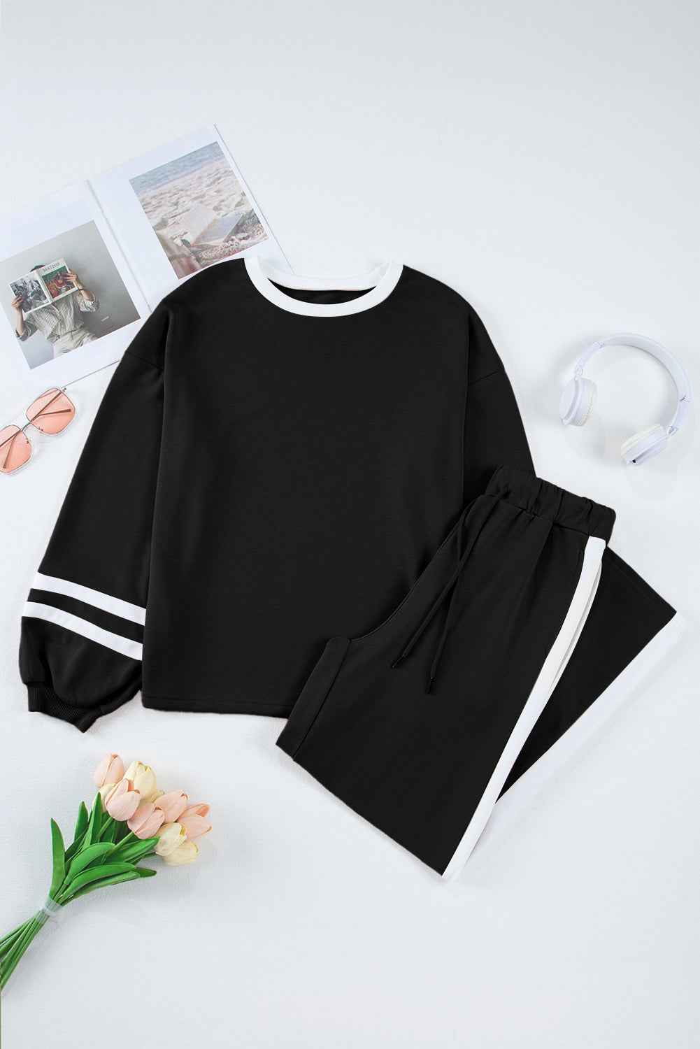 Mineral Red Varsity Stripe Patchwork Puff Sleeve Pullover Drawstring Wide Leg Pant Set 30d648e13df93042