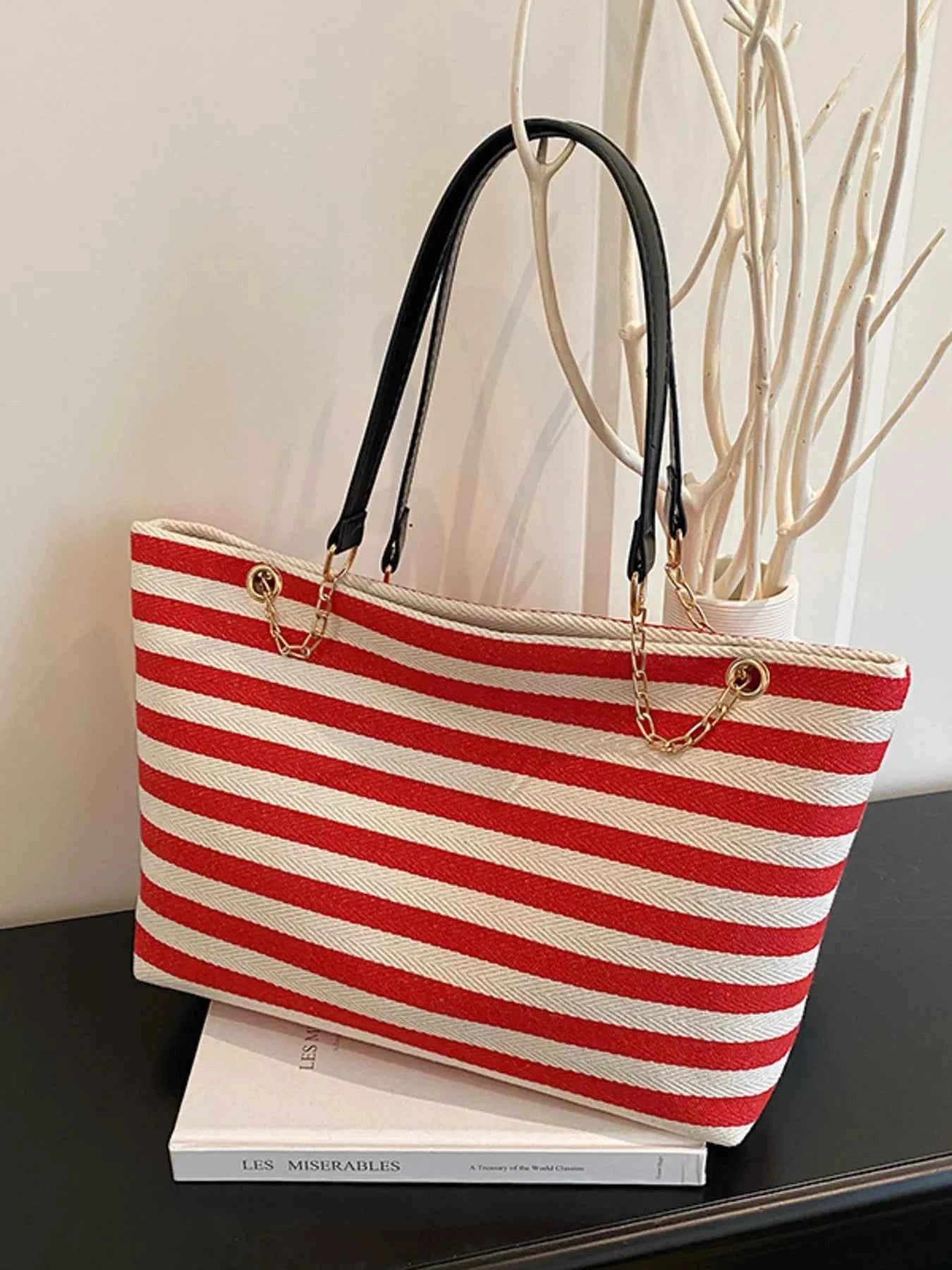 Striped Shoulder Bag with Chain Detail Red One Size 30d9d92c300d43159a091e1c9e29c371-Max-Origin
