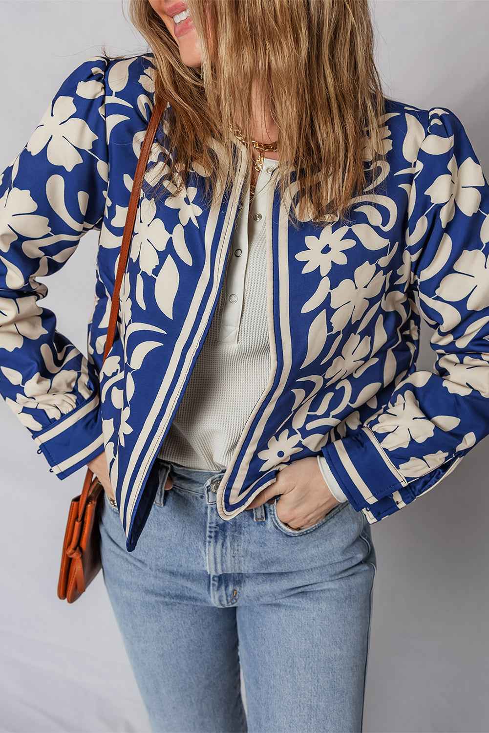 Blue Flower Print Open Front Buttoned Cuffs Jacket 30da73be52ccf280
