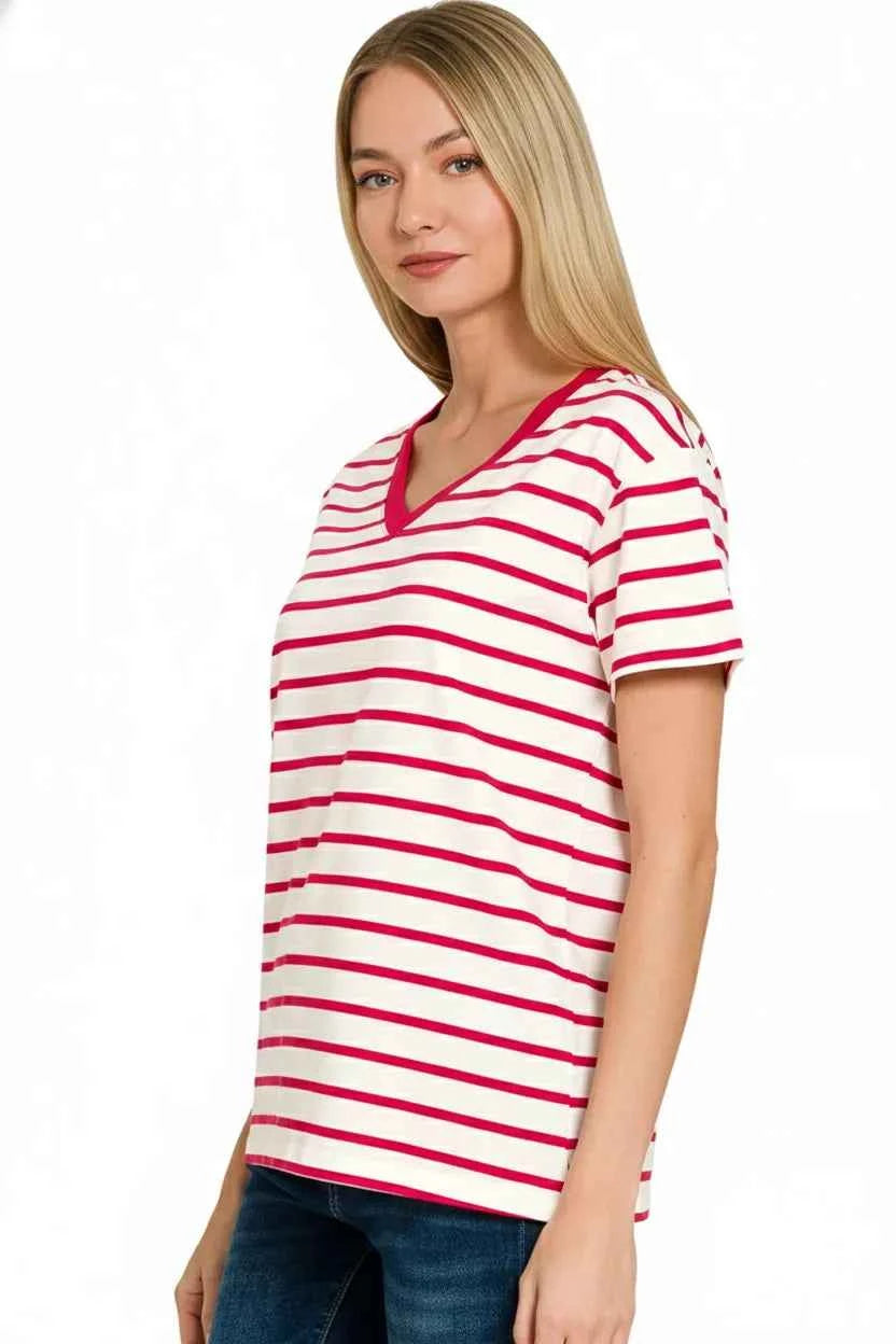 Zenana Striped V-Neck Short Sleeve T-Shirt 30daa2fc-94ce-4c21-b6d6-584eacb80557-Max-Origin