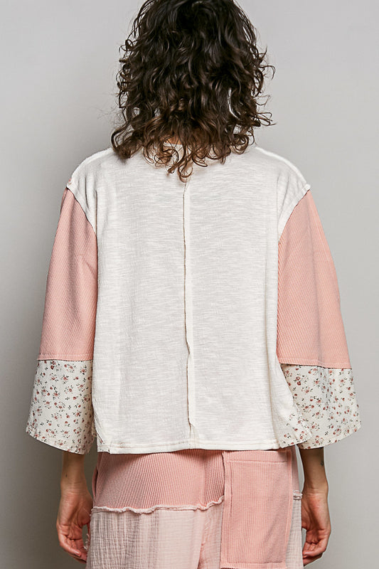 Exposed Seam Floral Patchwork Round Neck Textured Slub Knit Top 30df236c-1654-4903-baa8-1c94260fd1b7-Max