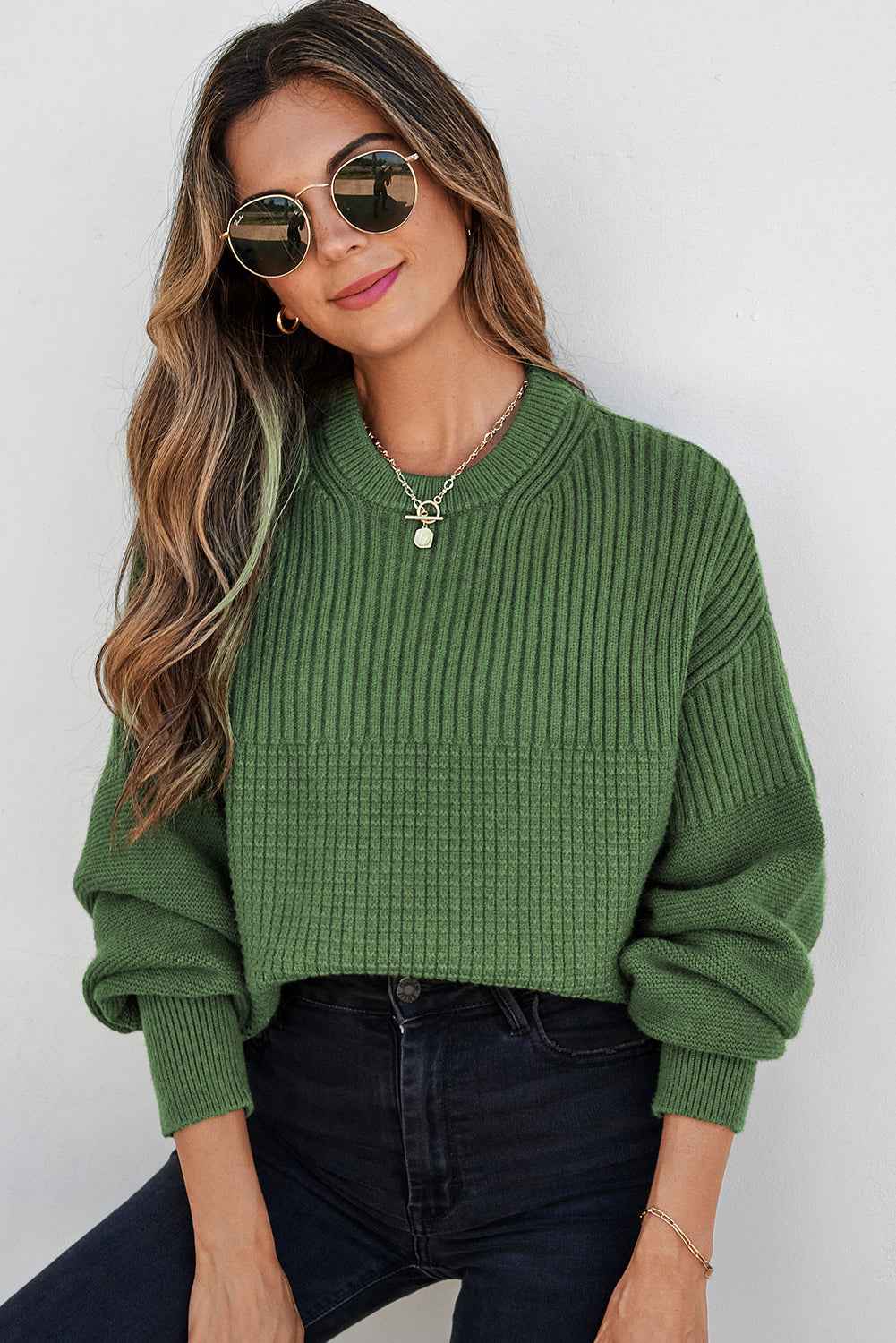 Vineyard Green Solid Color Mixed Textured Knitted Crew Neck Sweater 30dfc8a5f62e62dd