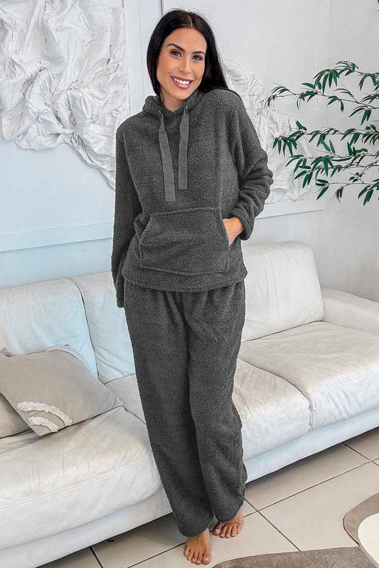Medium Grey Fuzzy Drawstring Hoodie Lounge Pants 2pcs Set 30e1e7ba3f082d6b