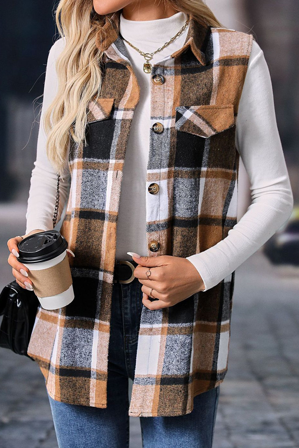 Straw Yellow Button Up Plaid Sleeveless Vest Jacket 30e71f98c701e1cb