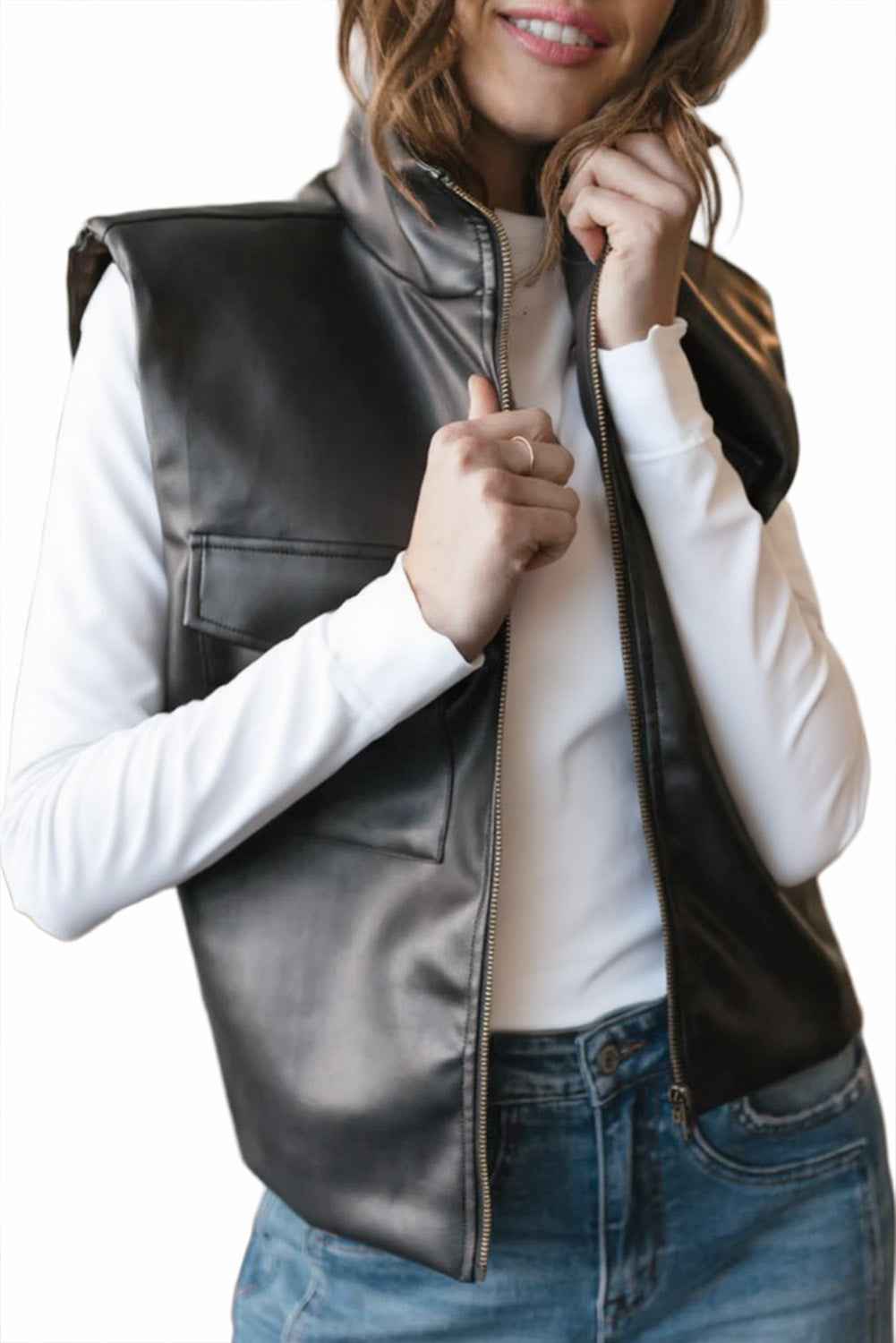 Black Double Flap Pocket Faux Leather Zip Up Stand Neck Vest 30e7f08d84f6489e