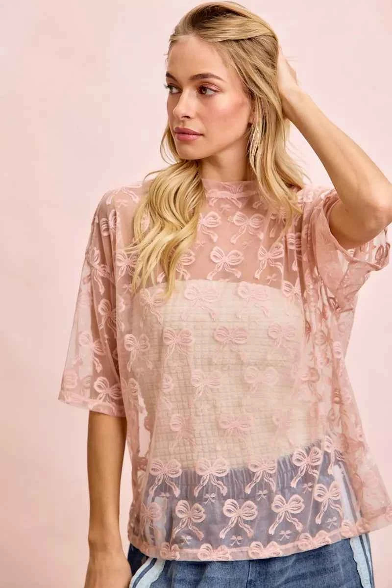 BiBi Bow Pattern Short Sleeves Boxy Mesh Top 30eb952b70b5490bb0fbf6a319b4bf6c-Max-Origin