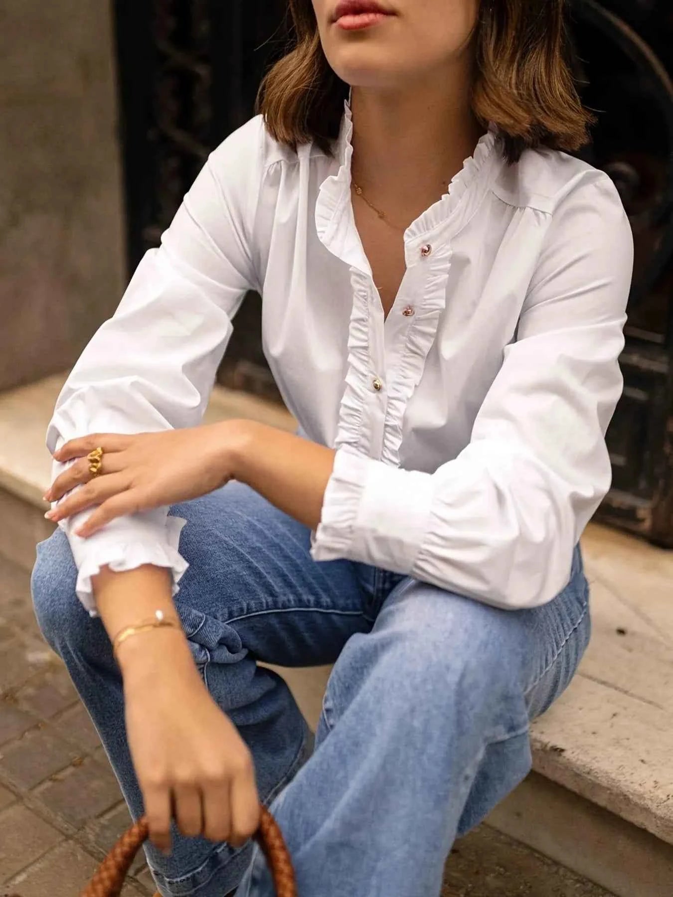 Frill Button Down Long Sleeve Shirt 30ef524952f64347b9493050bd39e8a0-Max-Origin