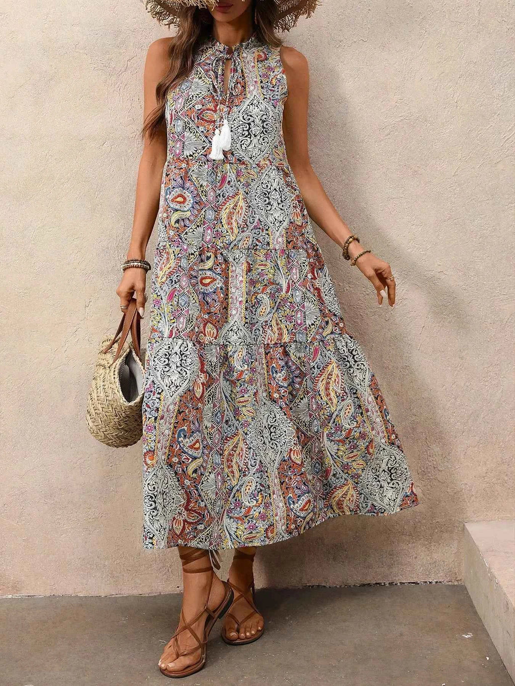 Paisley Print Tie Neck Sleeveless Midi Dress 30f399c533c045e680f373c1a15406d8-Max-Origin