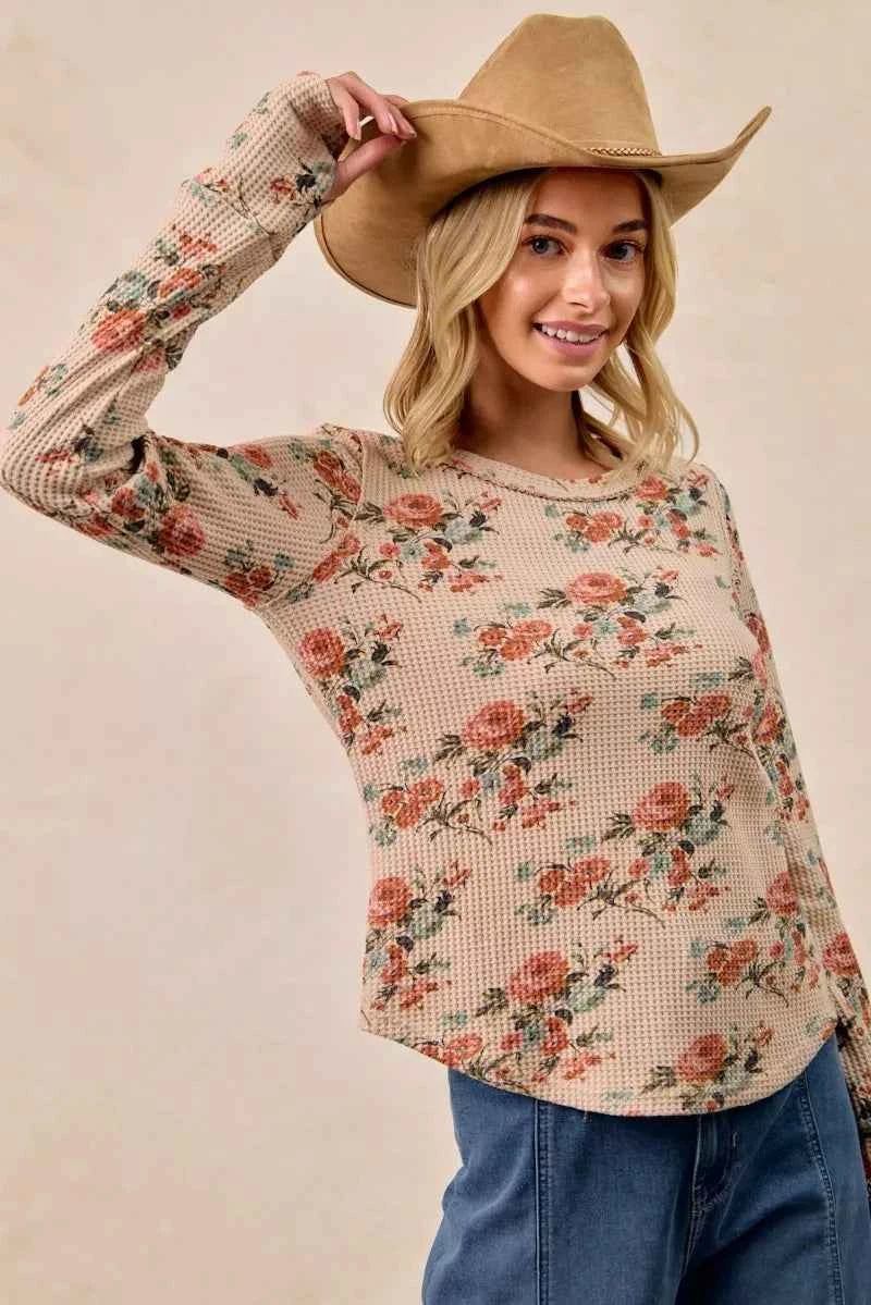 BiBi Floral Print Washed Waffle Thermal Top with Thumb 30f490a0d47448669e174668d6a58828-Max-Origin