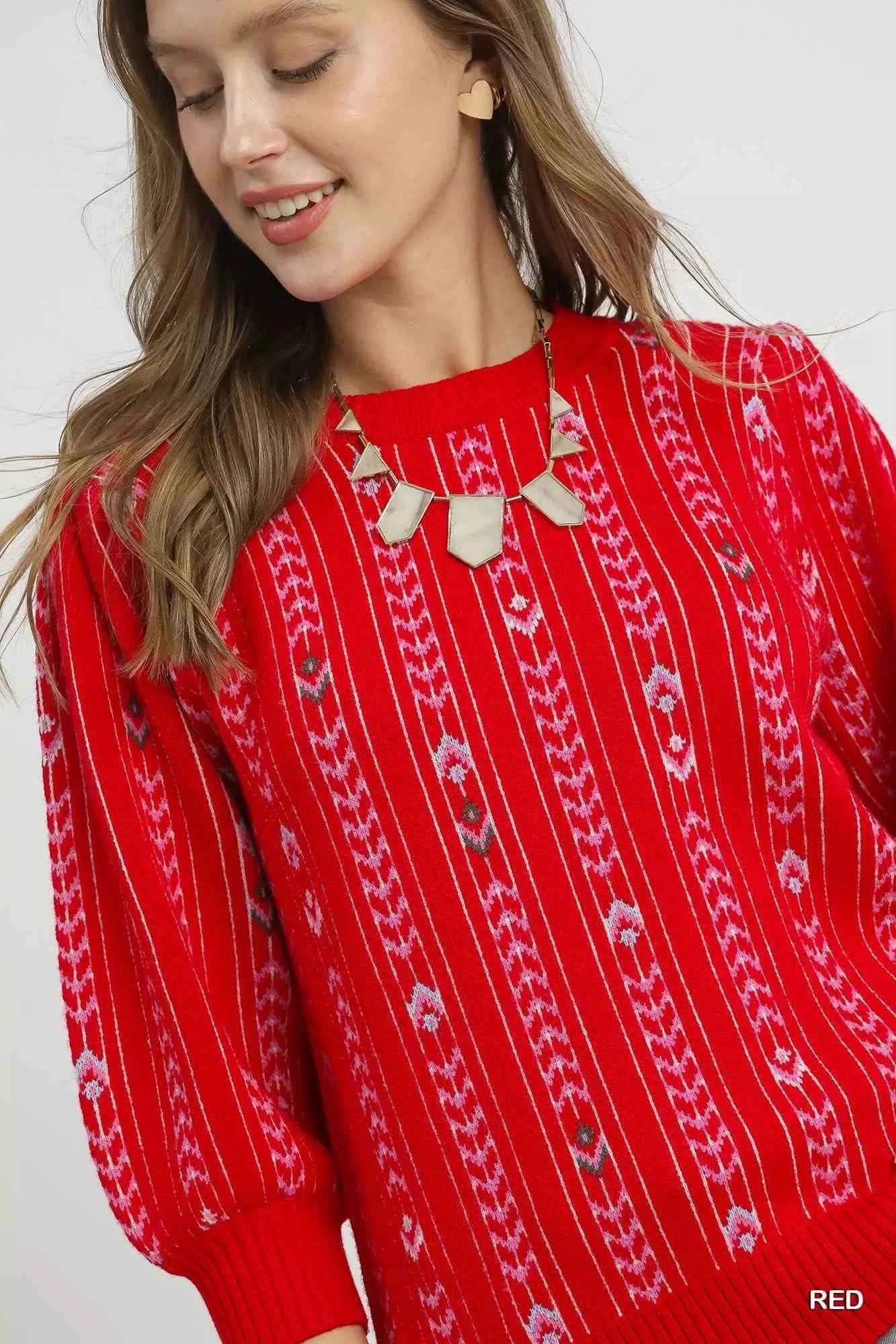 Umgee Jacquard Knit Puff Sleeve Sweater 30f8f267-8415-4c29-bdc3-3dd8c912acf2-Max-Origin