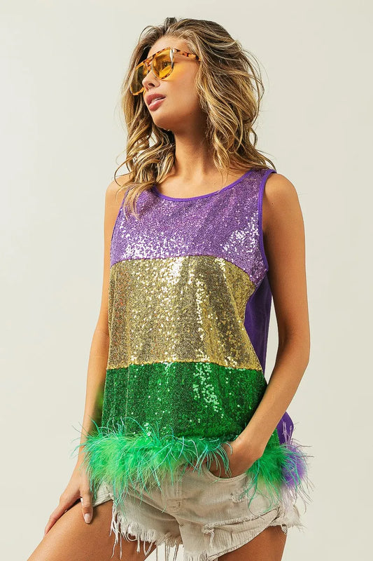 Mardi Gras Color Block Faux Feather Hem Sequin Top 3101f46565dd4126acc6e9b96a79f316-Max-Origin