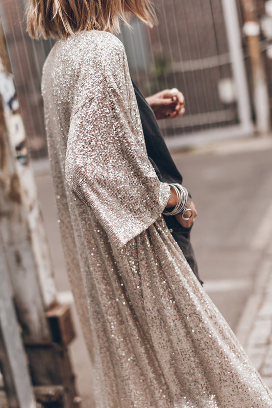 Apricot Sequin 3/4 Sleeve Open Front Duster Cardigan 3105dd6463c46dbd