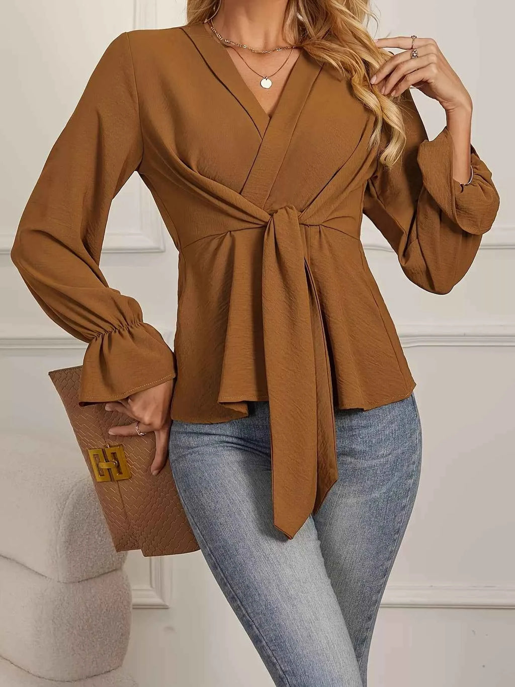 Knot Front Long Sleeve Blouse 31068b1a4c4d4b338ce51d474ff1e9f3-Max-Origin