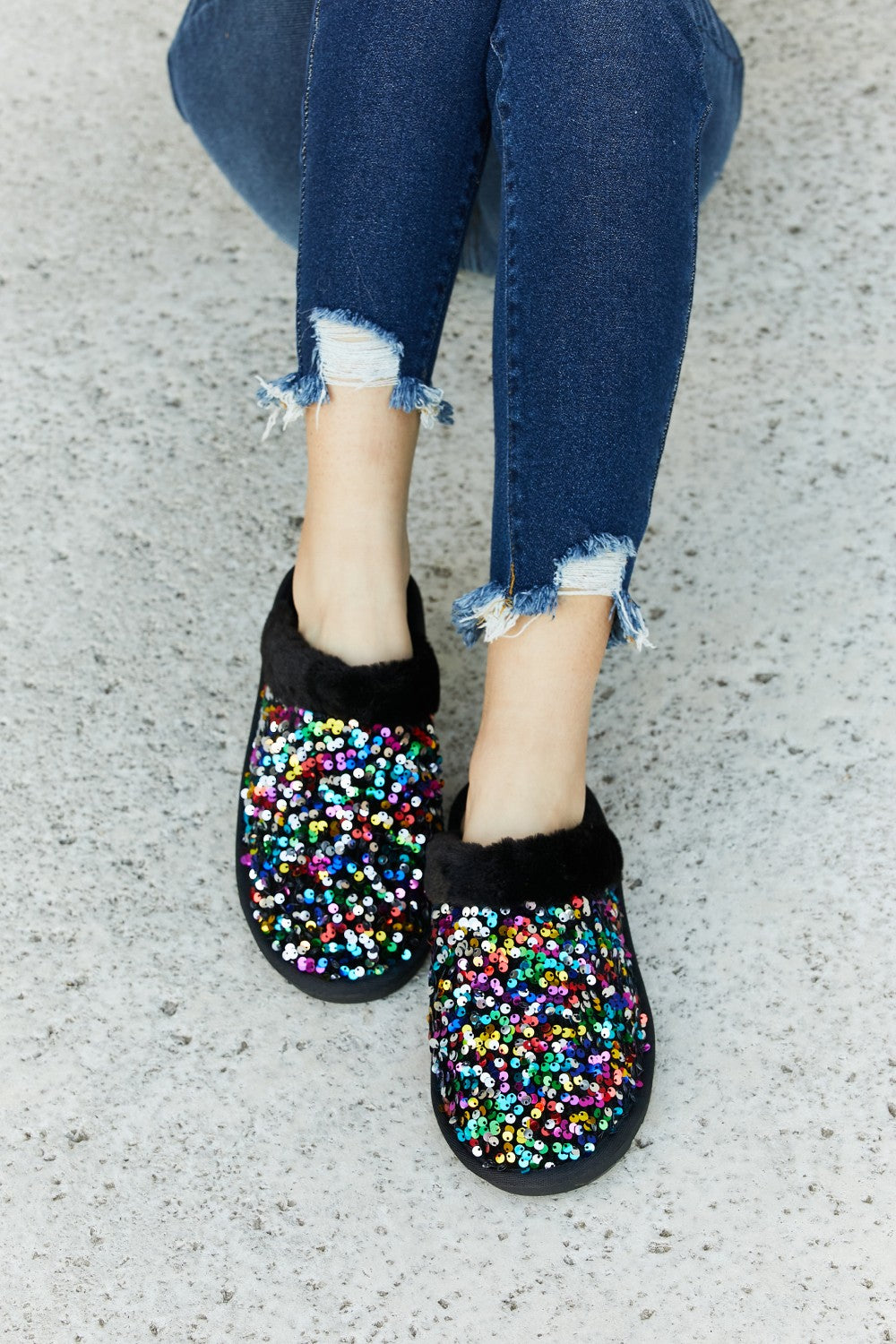 Multicolored Sequin Faux Fur Slipper 3109d9a8503b4cacae6a1af8034134ce-Max