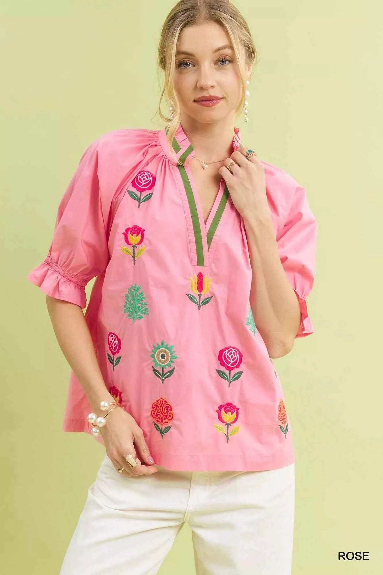 Umgee Embroidered Floral Top with Contrast Trim ROSE 310d9fc6-8675-4b9a-a427-25cb171c29a7-Max-Origin