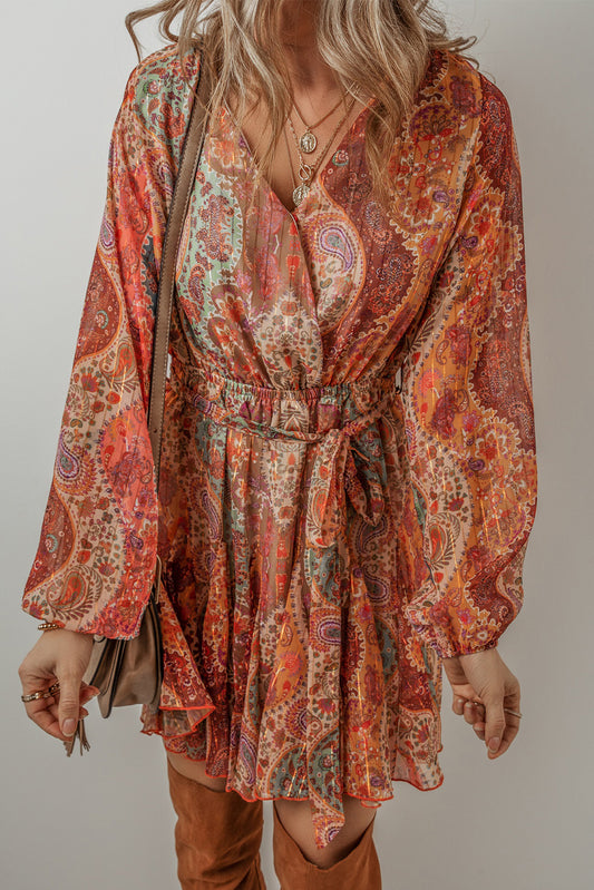 Orange Boho Paisley Print Long Sleeve Pleated Belted Mini Dress 310ec4592cc39517