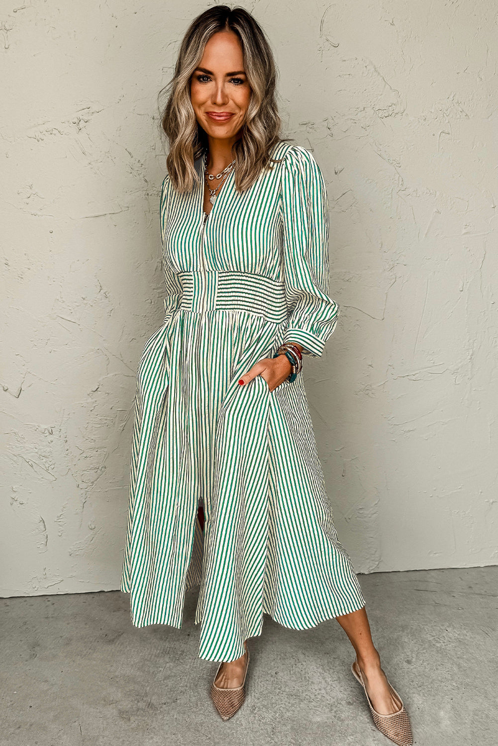 Green Striped V Neck Zip Front Cinched High Waist Midi Dress 310ee2389dcfa202
