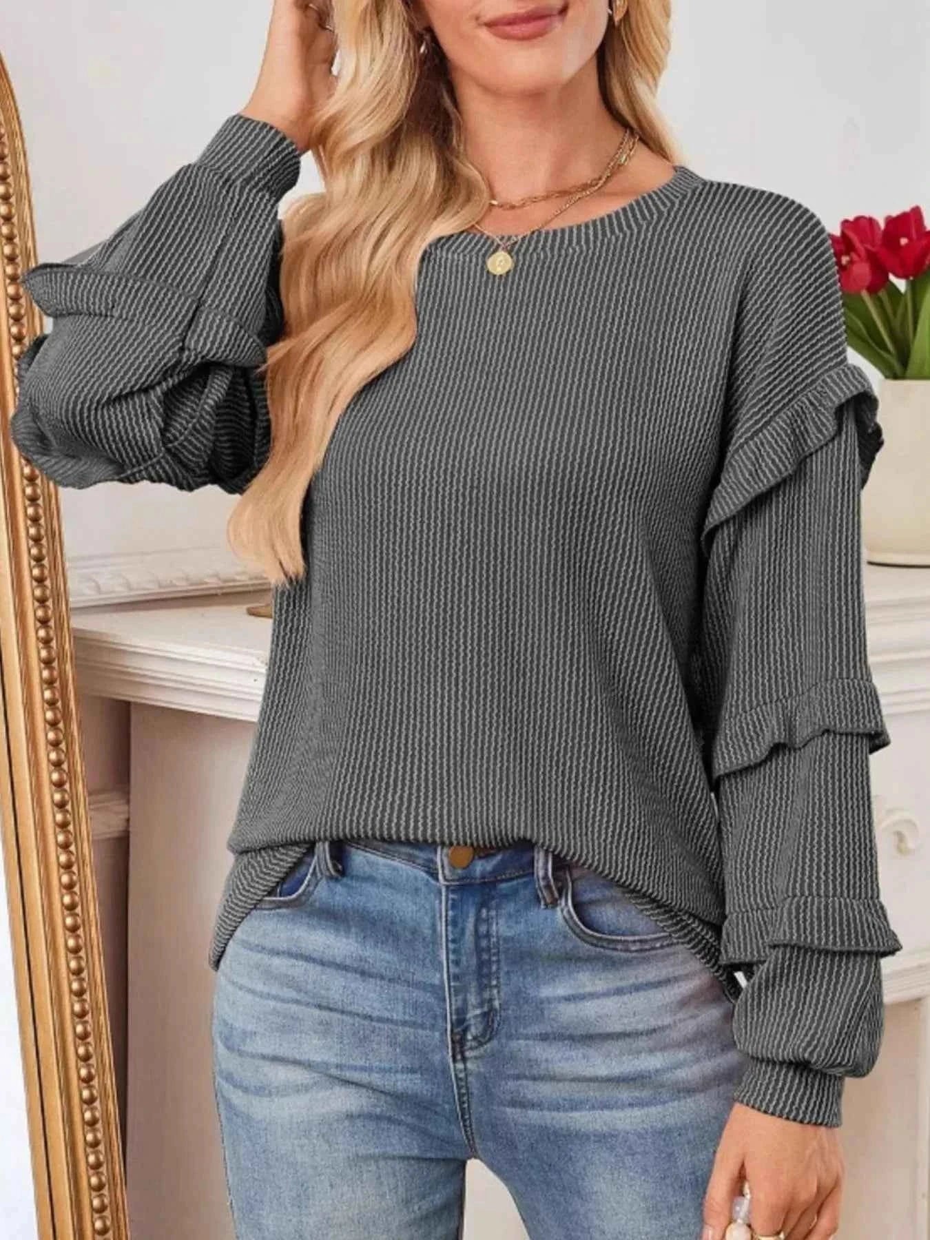 Ruffled Round Neck Long Sleeve Sweatshirt 3111dc27-7c72-43fe-a49a-8eff0e85383c-Max-Origin