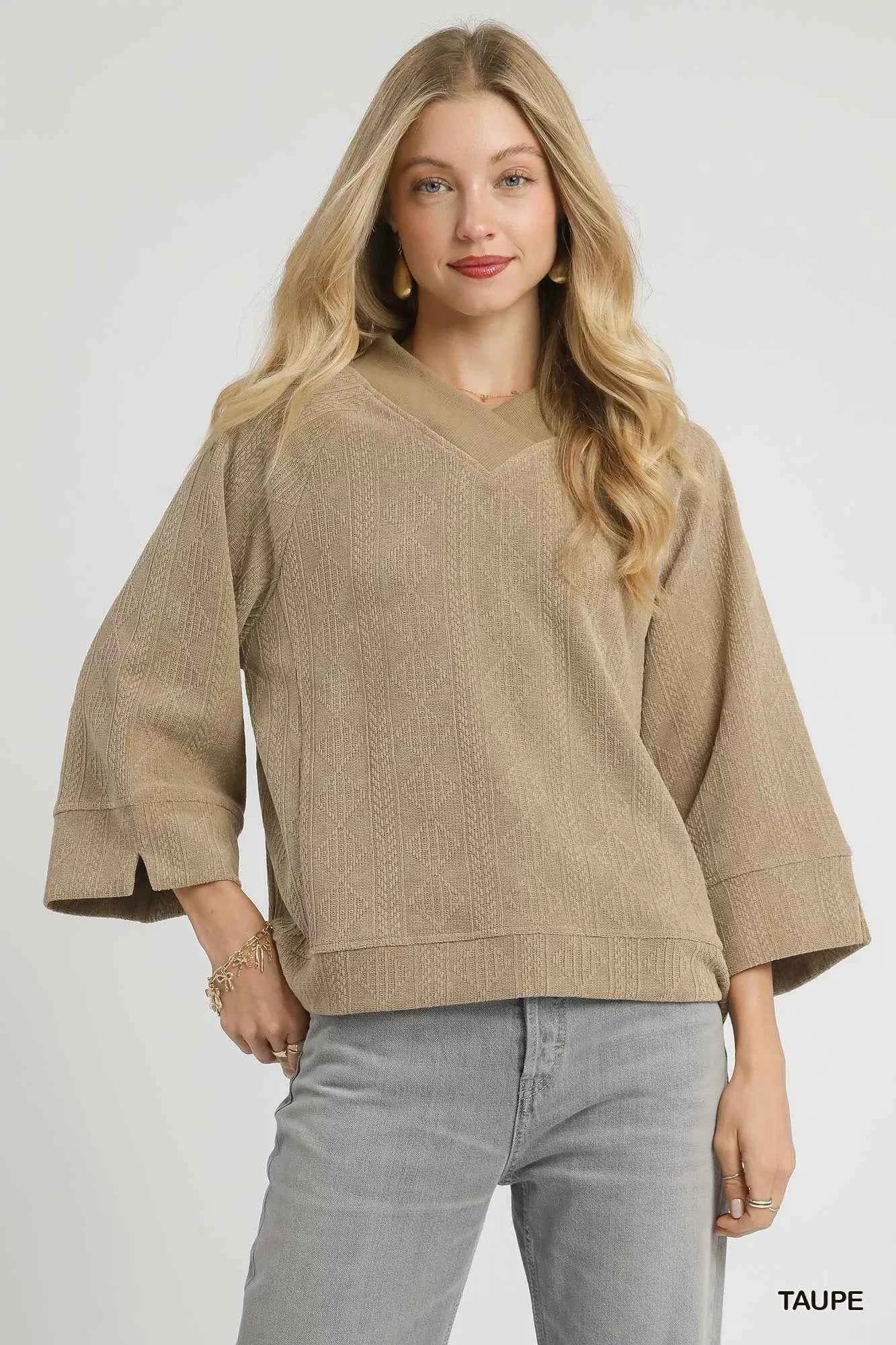 Textured Knit V-Neck Top Taupe 311a171f-ed8a-44de-ba46-b5e4207a0f53-Max-Origin