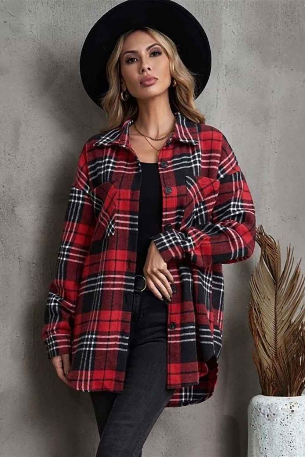 Plaid Collared Neck Button Up Jacket with Pockets 311a172d223c4e71bb0cffdf88ae4a3b-Max
