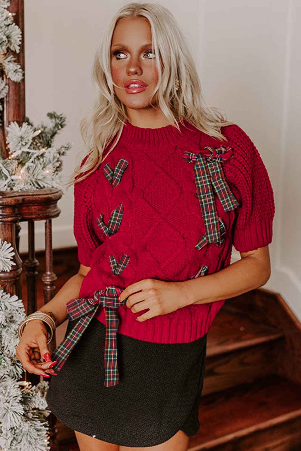 Fiery Red Plaid Lace-up Detail Christmas Holiday Puff Short Sleeve Sweater 311d64e8d0f3f2cf