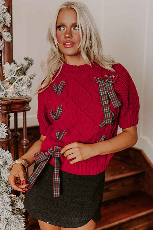 Fiery Red Plaid Lace-up Detail Christmas Holiday Puff Short Sleeve Sweater 311d64e8d0f3f2cf