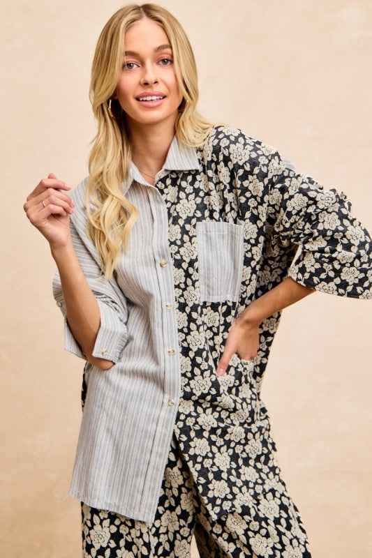 BiBi Stripes Jacquard Floral Mix And Match Shirt Top 31207120776f448bb5f0b445f1337299-Max