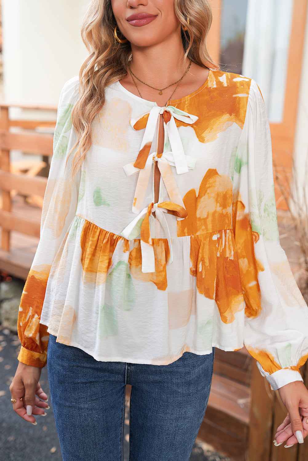 Carrot Abstract Print Bubble Sleeve Bow Front Top Carrot 80%Viscose+20%Polyamide 31235e78c8efd1d0