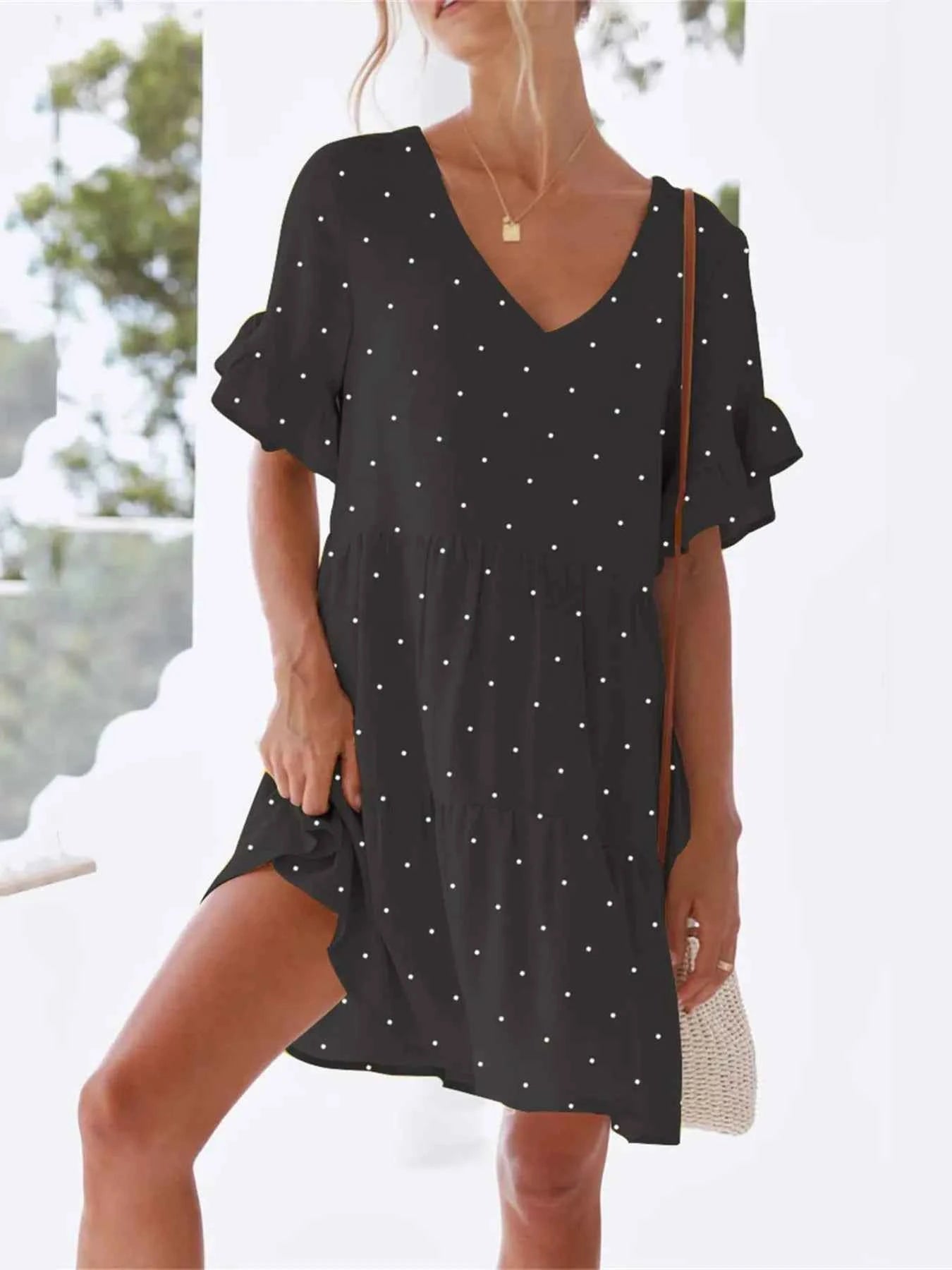 Polka Dot V-Neck Short Sleeve Mini Dress Black 31253dea7c7149768d3f259c8ba8a41b-Max-Origin
