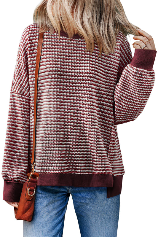 Red Stripe Ribbed Trim Drop Shoulder Long Sleeve Oversized Top 31259614b3735a76