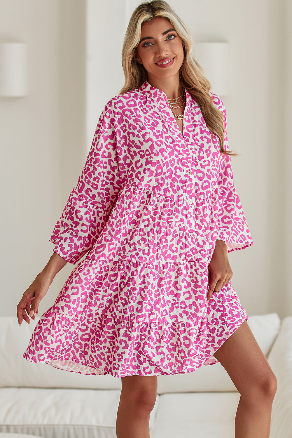 Bright Pink Leopard Print Flounce Sleeve Mini Dress 31262b99caf980c6