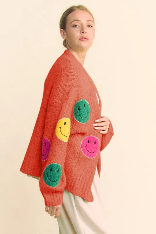 Davi & Dani Fuzzy Smile Open Front Long Sleeve Cardigan 312f5f8a-d34d-4ff9-9f0d-877d358dece9-Max