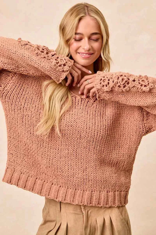 BiBi Chunky Knit Sweater with Flower Detail Sleeves 31324f4046684c13b570e82f379520e9-Max-Origin