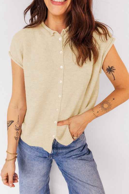 Solid Button-Front Rolled Hem Sweater Top 3132a60e-649a-4dfe-9f08-e7a39fd25d8e