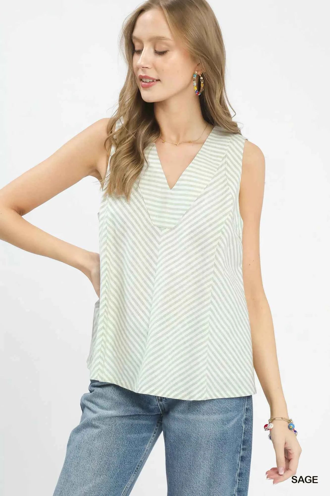 Umgee Mixed Stripe Sleeveless V-Neck Top SAGE 3136a75f-485f-44eb-8962-a8f5920707d8-Max-Origin