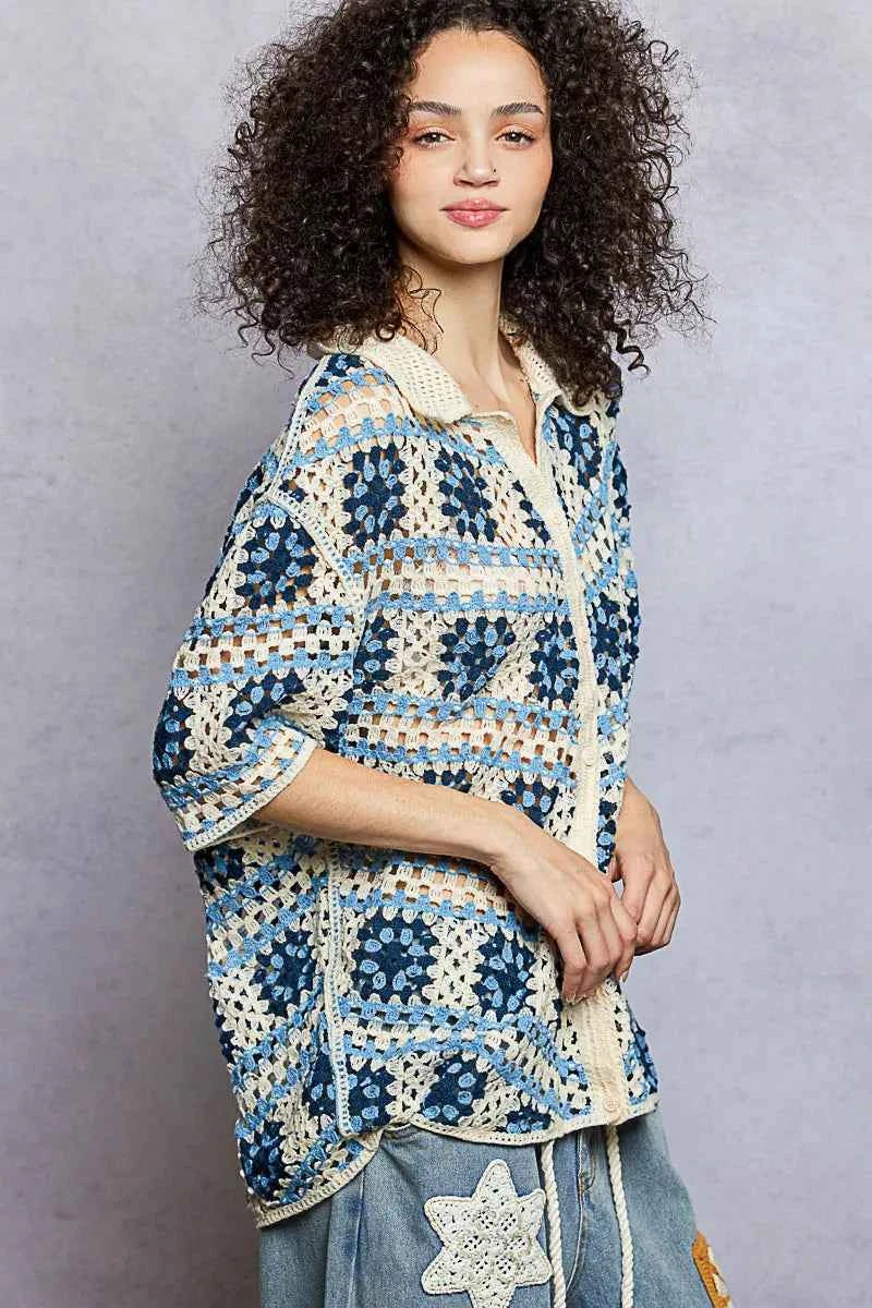 POL Openwork Short Sleeve Crochet Shirt with Border Accents 31395371-1536-4239-93eb-87b117c4683b-Max-Origin