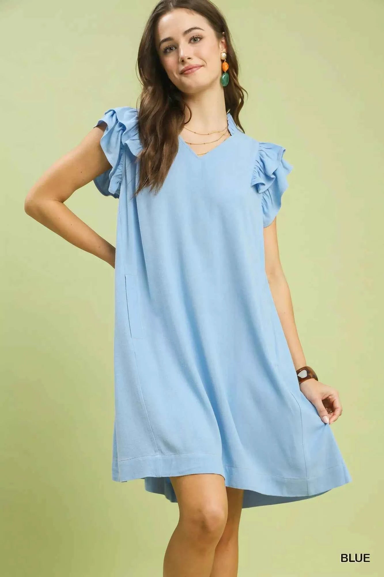 Umgee Linen Flutter Sleeve Shift Dress with Pockets BLUE 31402141-6078-44c5-ae21-481a7535c039-Max-Origin