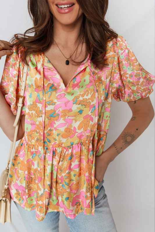 Flower Split V-Neck Short Sleeve Blouse 314692f5-b924-4141-a8e8-15d8b89debc4