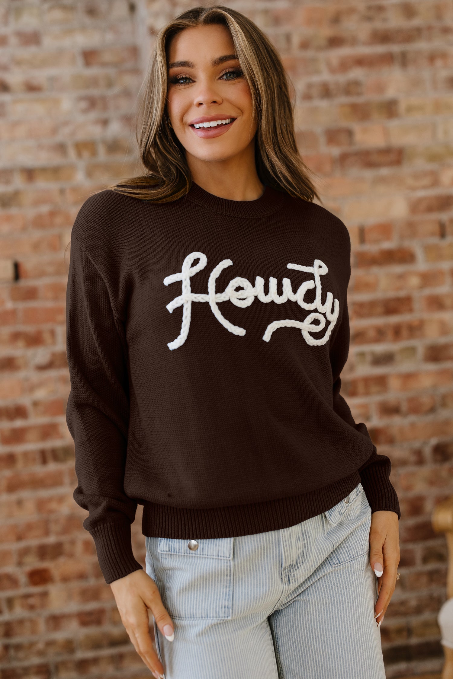 Chicory Coffee Howdy Embroidered Graphic Western Sweater 3148910b415ff2cc