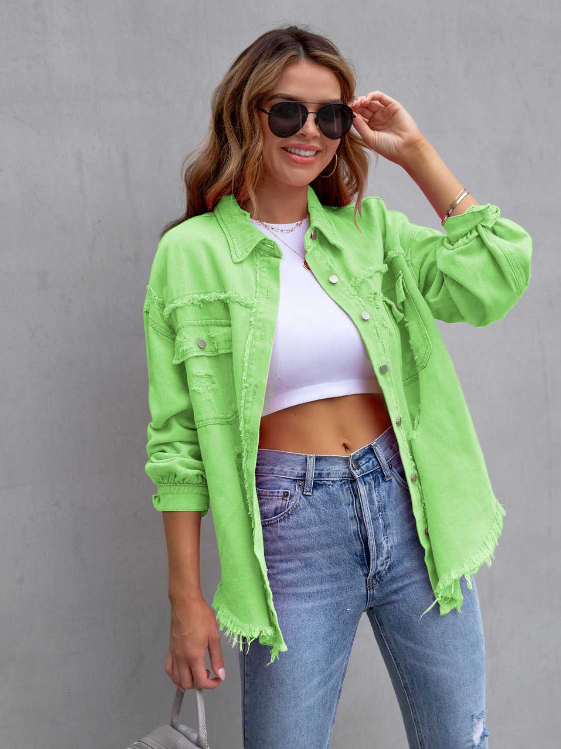 Distressed Drop Shoulder Denim Jacket Green Apple 314d076e5ea945d1b0826faf4778e660-Max