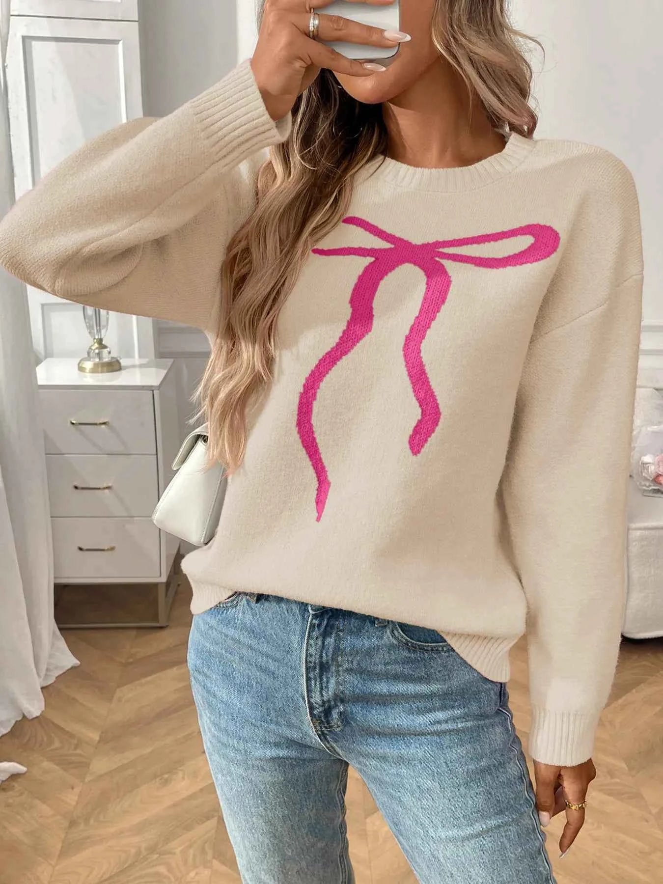 Bow Graphic Ribbed Hem Round Neck Sweater 31562e7cf60849c99c812eeb8f7359c4-Max-Origin