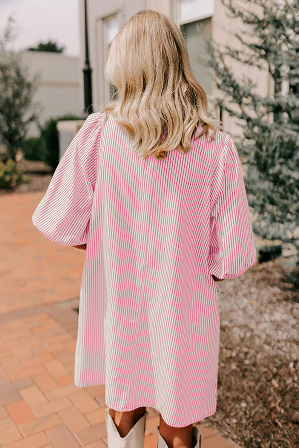 Green Stripe Color Block Patchwork Shirt Collar Button Down Puff Sleeve Mini Dress 31581a5aadddf853