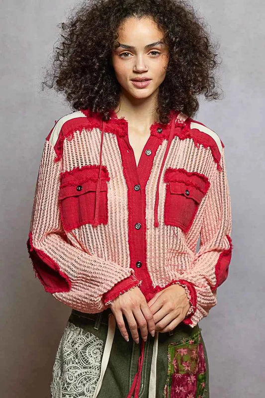POL Texture Woven Button Down Hooded Shirt with Drawstring Hem BLUSH RED MULTI 315988ee-e70f-4409-8a15-5f1f44bc1c49-Max-Origin