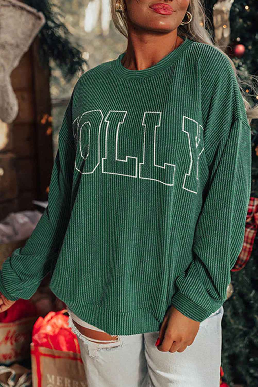 Evergreen Twisted Rib Merry Letter Graphic Loose Long Sleeve Top Blackish Green 75%Polyester+20%Viscose+5%Elastane 315af220e77e4755
