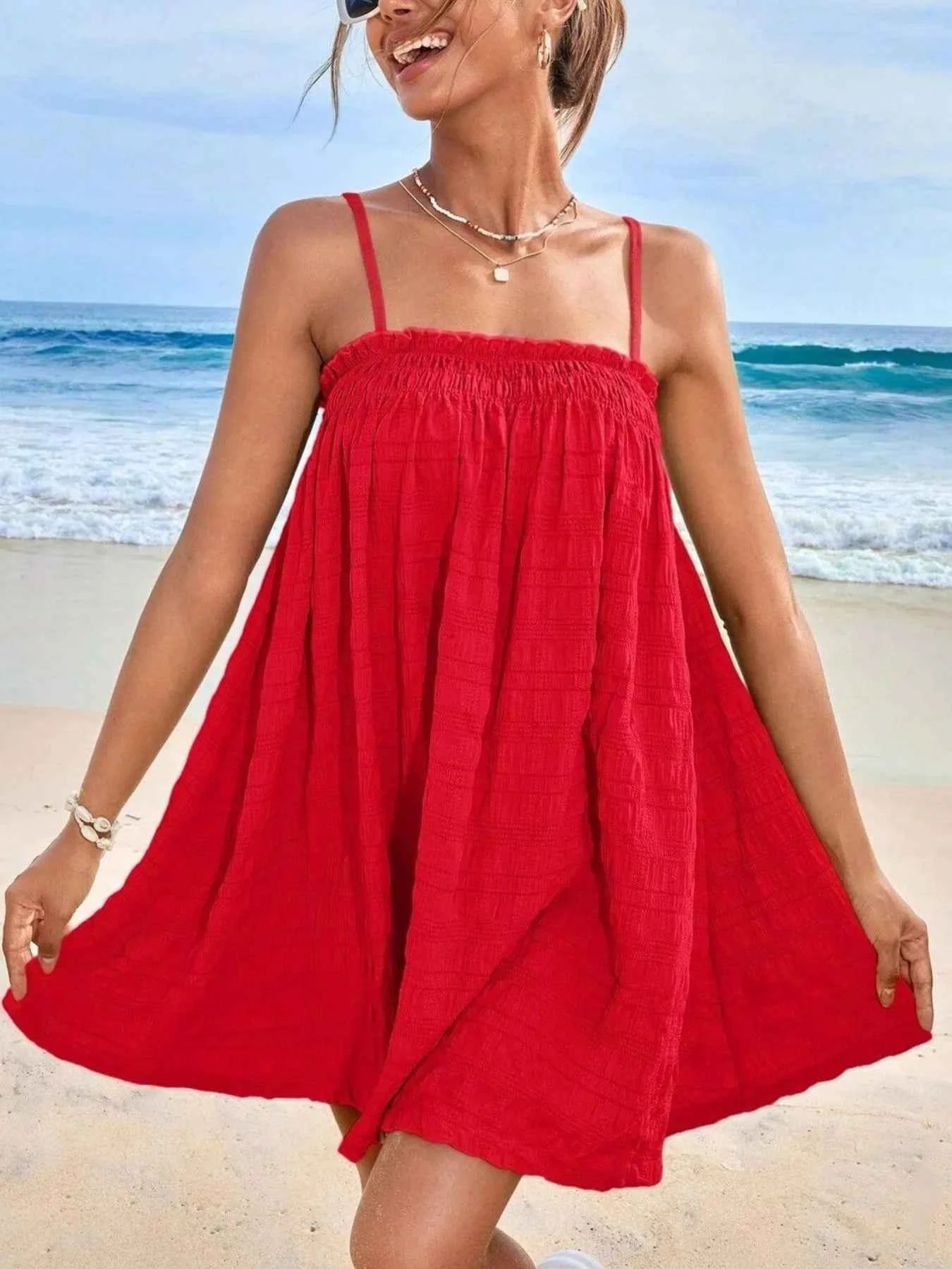 Frill Textured Mini Cami Dress Red 3160641f-f0f3-453c-882a-4c95341fb1fb-Max-Origin