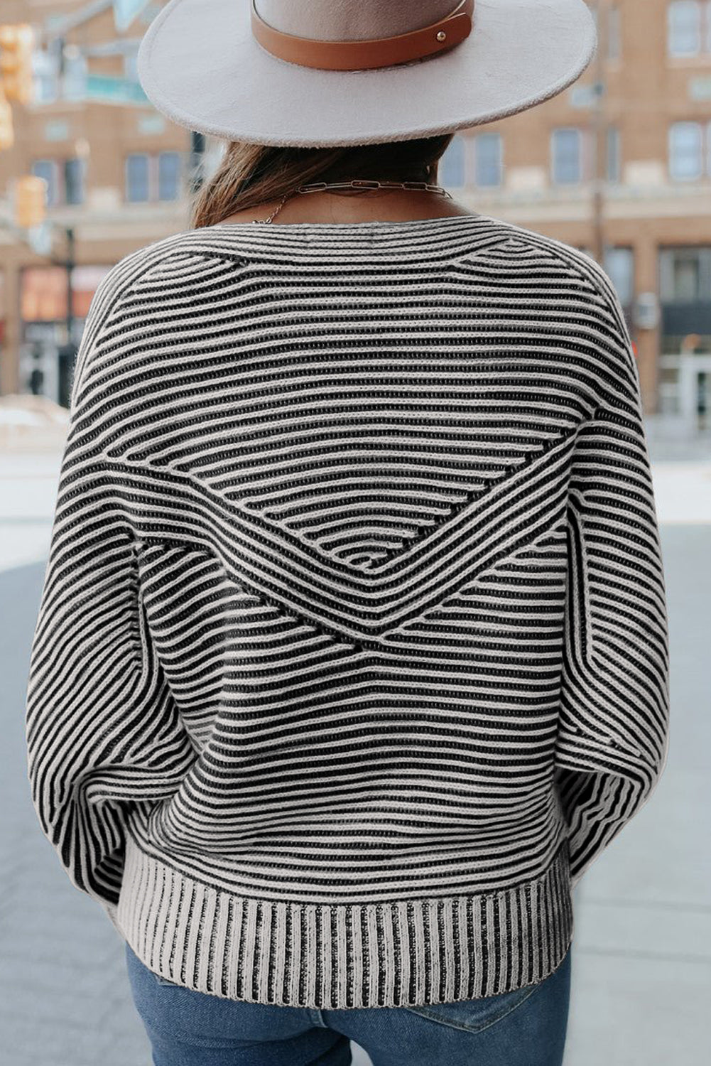 Black Striped Print Ribbed Knit Raglan Sleeve Baggy Sweater 31699eefe450f515