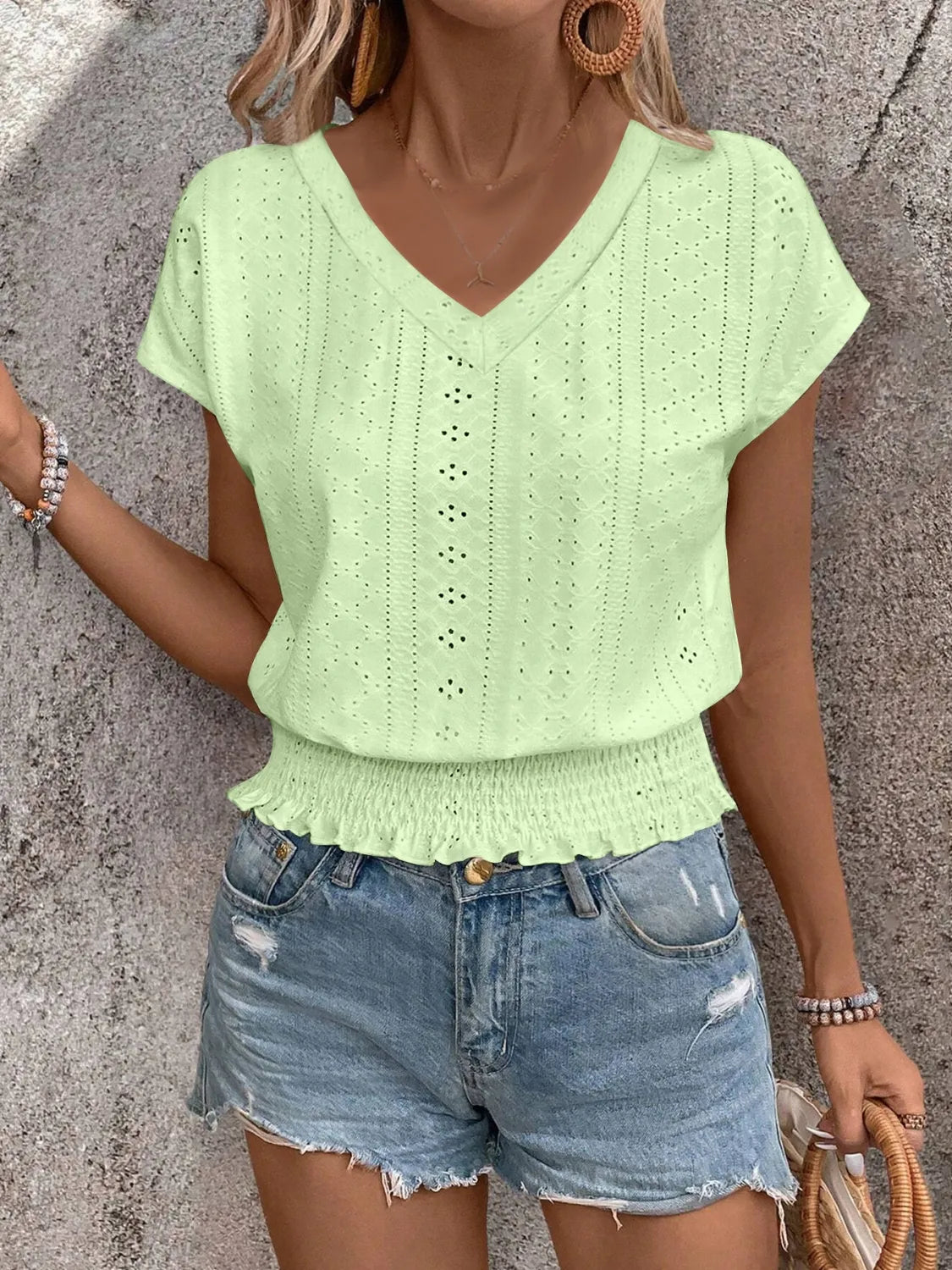 Eyelet V-Neck Short Sleeve Blouse 316d2b43-c7a9-450c-95bb-f8b31d568ec7-Max-Origin
