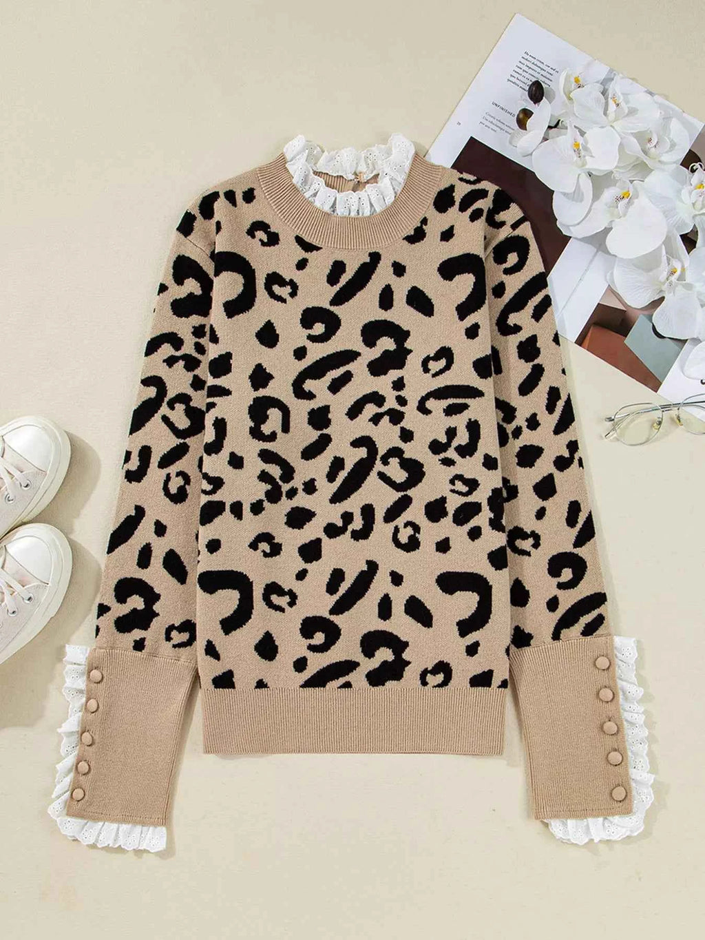 Leopard Pattern Lace Ribbed Detail Button Cuffed Sweater 3177f9d1aa32441780061a76ce13d066-Max-Origin