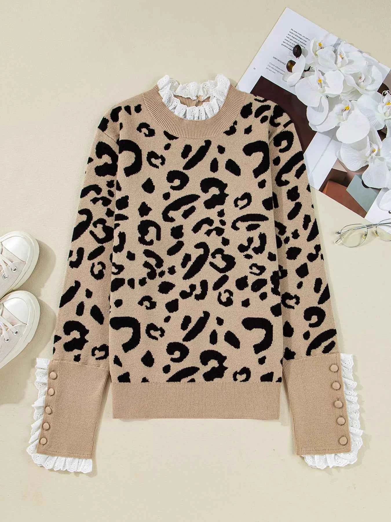 Leopard Pattern Lace Ribbed Detail Button Cuffed Sweater 3177f9d1aa32441780061a76ce13d066-Max-Origin